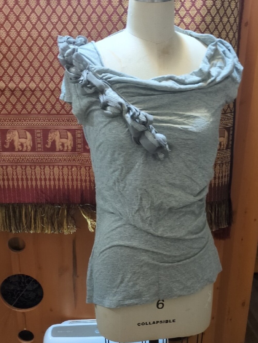 Knot-Shoulder Gray Knit Top